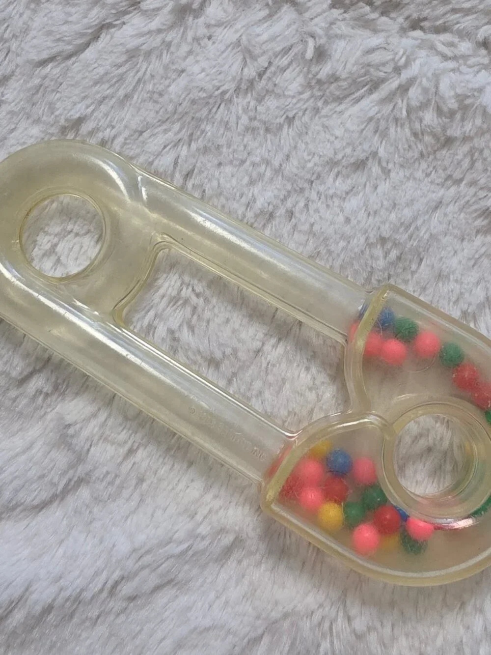 Vintage 1985 Sanitoy Clear Safety Pin Baby Rattle Retro 80s Nursery Toy Prop